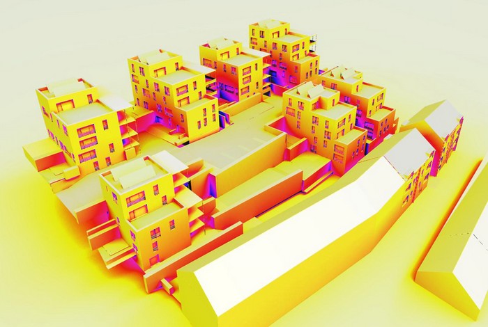 Simulation de l'irradiation solaire du complexe résidentiel « Les Terrasses » de Differdange en vue d'optimiser la mise en place des protections solaires estivales. Maître d'ouvrage : Le Fonds du Logement