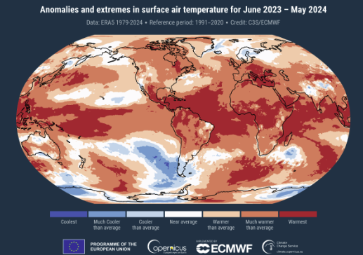 Anomalies et extrêmes de la température de l'air en surface pour la période de 12 mois allant de juin 2023 à mai 2024. Les catégories de couleur se réfèrent aux percentiles des distributions de température pour la période de référence 1991-2020. Les catégories extrêmes (« Coolest » et « Warmest ») sont basées sur les classements pour la période 1979-2024. Les percentiles et les classements sont relatifs à toutes les moyennes sur 12 mois entre janvier 1979 et mai 2024. Source des données : ERA5. Crédit : Copernicus Climate Change Service/ECMWF.